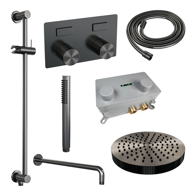 BRAUER Stripe thermostatische inbouw regendouche met drukknoppen SET 32 met 25 cm douchekop en gebogen muurarm en staaf handdouche en doucheslang en geïntegreerde glijstang gunmetal geborsteld PVD 5-GM-427