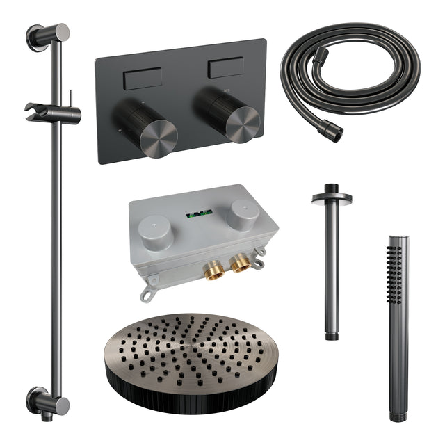 BRAUER Stripe thermostatische inbouw regendouche met drukknoppen SET 33 met 25 cm douchekop en plafondarm en staaf handdouche en doucheslang en geïntegreerde glijstang gunmetal geborsteld PVD 5-GM-429