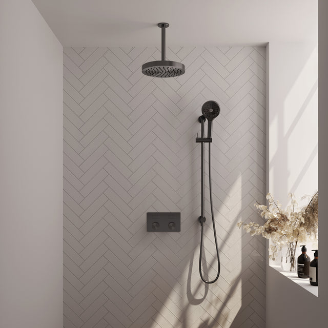 BRAUER Stripe thermostatische inbouw regendouche met drukknoppen SET 36 met 25 cm douchekop en plafondarm en 3-standen handdouche en doucheslang en geïntegreerde glijstang gunmetal geborsteld PVD 5-GM-435