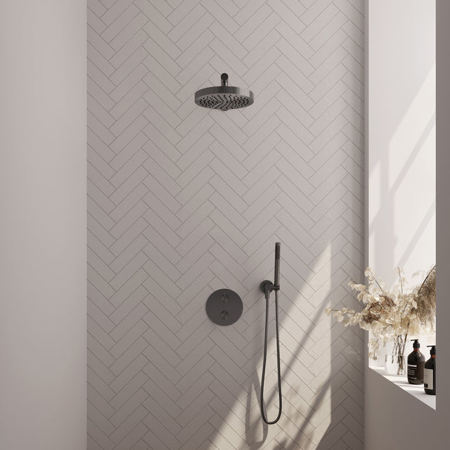 BRAUER Stripe thermostatische inbouw regendouche 3-weg rond SET 37 met 25 cm douchekop en rechte muurarm en staaf handdouche en doucheslang en wandaansluitbocht gunmetal geborsteld PVD 5-GM-437