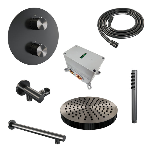 BRAUER Stripe thermostatische inbouw regendouche 3-weg rond SET 37 met 25 cm douchekop en rechte muurarm en staaf handdouche en doucheslang en wandaansluitbocht gunmetal geborsteld PVD 5-GM-437