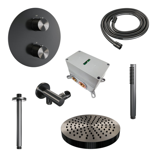 BRAUER Stripe thermostatische inbouw regendouche 3-weg rond SET 39 met 25 cm douchekop en plafondarm en staaf handdouche en doucheslang en wandaansluitbocht gunmetal geborsteld PVD 5-GM-441