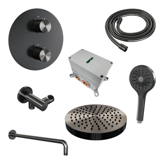 BRAUER Stripe thermostatische inbouw regendouche 3-weg rond SET 41 met 25 cm douchekop en gebogen muurarm en 3-standen handdouche en doucheslang en wandaansluitbocht gunmetal geborsteld PVD 5-GM-445