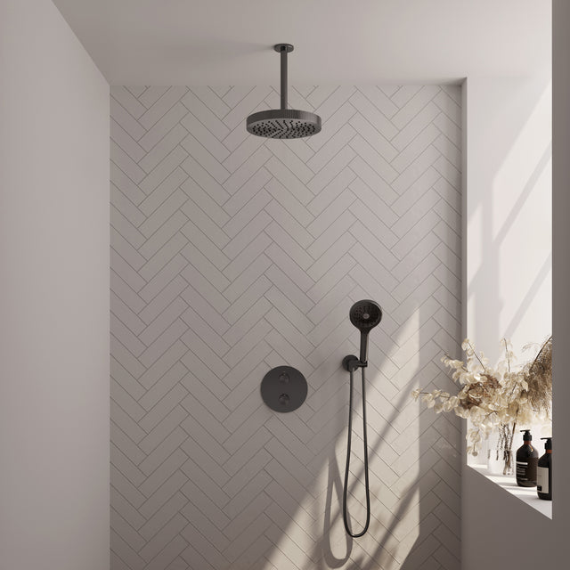 BRAUER Stripe thermostatische inbouw regendouche 3-weg rond SET 42 met 25 cm douchekop en plafondarm en 3-standen handdouche en doucheslang en wandaansluitbocht gunmetal geborsteld PVD 5-GM-447