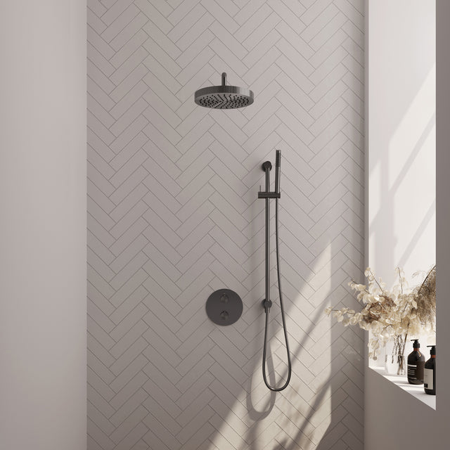 BRAUER Stripe thermostatische inbouw regendouche 3-weg rond SET 44 met 25 cm douchekop en gebogen muurarm en staaf handdouche en doucheslang en geïntegreerde glijstang gunmetal geborsteld PVD 5-GM-451