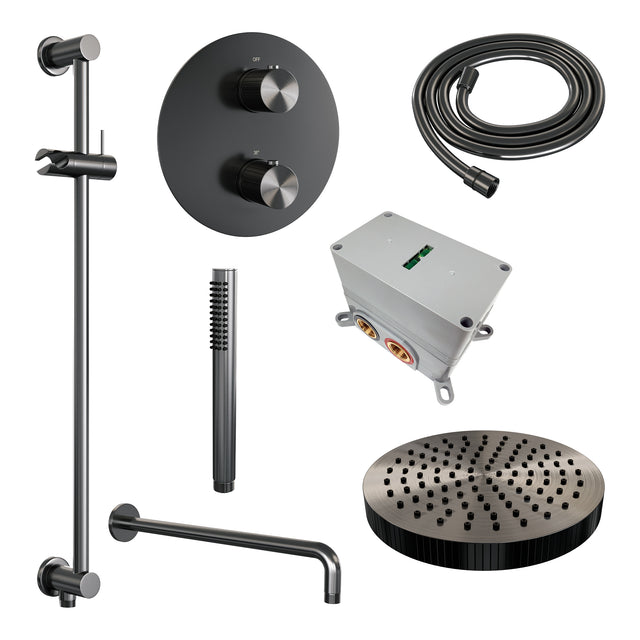 BRAUER Stripe thermostatische inbouw regendouche 3-weg rond SET 44 met 25 cm douchekop en gebogen muurarm en staaf handdouche en doucheslang en geïntegreerde glijstang gunmetal geborsteld PVD 5-GM-451