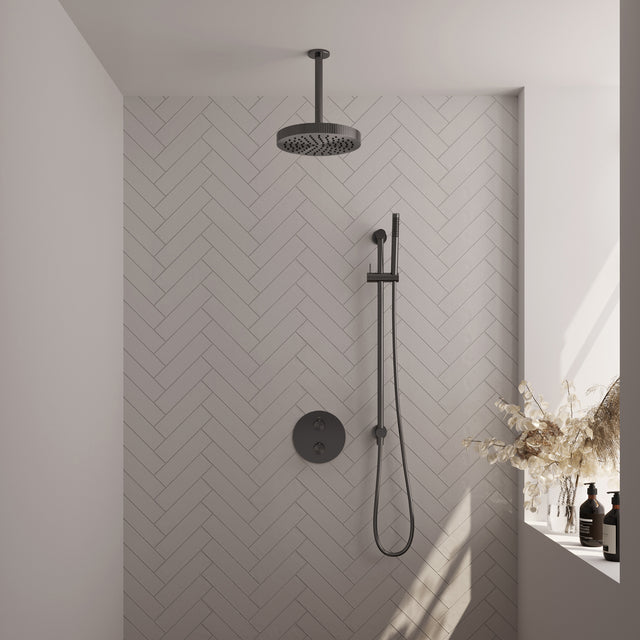 BRAUER Stripe thermostatische inbouw regendouche 3-weg rond SET 45 met 25 cm douchekop en plafondarm en staaf handdouche en doucheslang en geïntegreerde glijstang gunmetal geborsteld PVD 5-GM-453