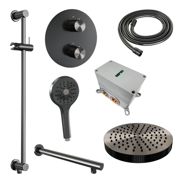 BRAUER Stripe thermostatische inbouw regendouche 3-weg rond SET 46 met 25 cm douchekop en rechte muurarm en 3-standen handdouche en doucheslang en geïntegreerde glijstang gunmetal geborsteld PVD 5-GM-455