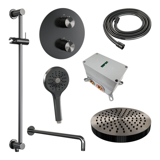 BRAUER Stripe thermostatische inbouw regendouche 3-weg rond SET 47 met 25 cm douchekop en gebogen muurarm en 3-standen handdouche en doucheslang en geïntegreerde glijstang gunmetal geborsteld PVD 5-GM-457
