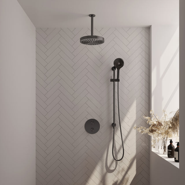BRAUER Stripe thermostatische inbouw regendouche 3-weg rond SET 48 met 25 cm douchekop en plafondarm en 3-standen handdouche en doucheslang en geïntegreerde glijstang gunmetal geborsteld PVD 5-GM-459