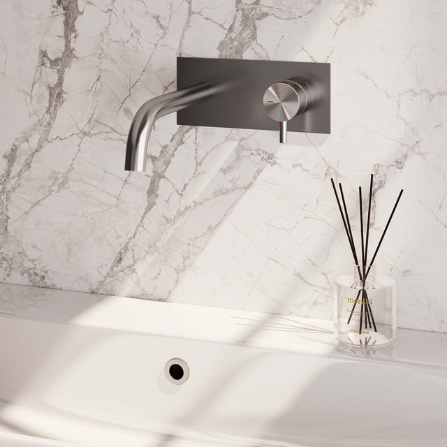 BRAUER Brushed Edition inbouw wastafelmengkraan met gebogen uitloop en afdekplaat model B1 RVS geborsteld PVD