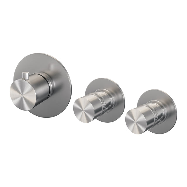 BRAUER Brushed Edition thermostatische inbouw badkraan SET 01 met uitloop en staaf handdouche en doucheslang en wandaansluitbocht RVS geborsteld PVD
