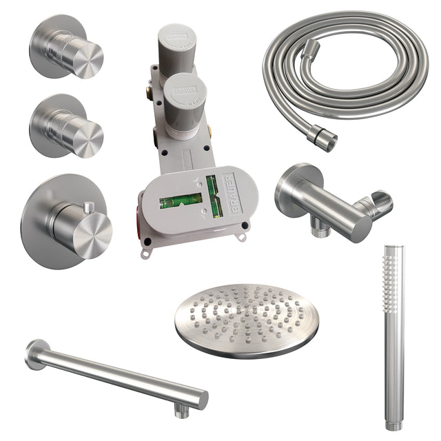 BRAUER Brushed Edition thermostatische inbouw regendouche SET 01 met 20 cm douchekop en rechte muurarm en staaf handdouche en doucheslang en wandaansluitbocht RVS geborsteld PVD