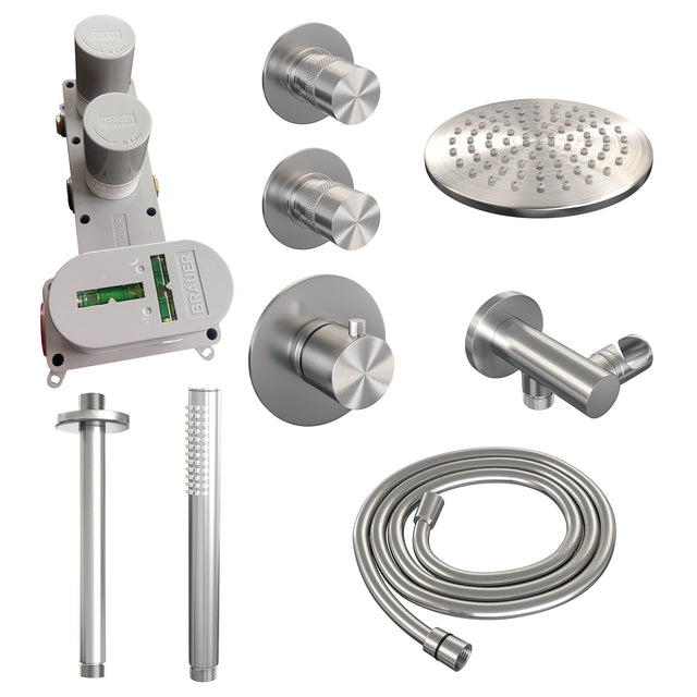 BRAUER Brushed Edition thermostatische inbouw regendouche SET 05 met 20 cm douchekop en plafondarm en staaf handdouche en doucheslang en wandaansluitbocht RVS geborsteld PVD