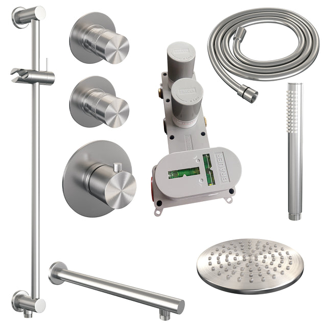 BRAUER Brushed Edition thermostatische inbouw regendouche SET 13 met 20 cm douchekop en rechte muurarm en staaf handdouche en doucheslang en geïntegreerde glijstang RVS geborsteld PVD