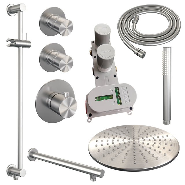 BRAUER Brushed Edition thermostatische inbouw regendouche SET 14 met 30 cm douchekop en rechte muurarm en staaf handdouche en doucheslang en geïntegreerde glijstang RVS geborsteld PVD