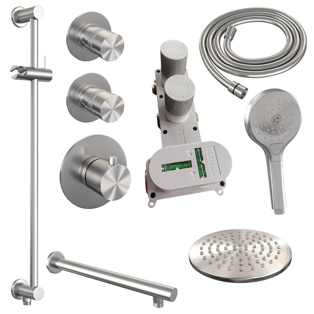BRAUER Brushed Edition thermostatische inbouw regendouche SET 19 met 20 cm douchekop en rechte muurarm en 3-standen handdouche en doucheslang en geïntegreerde glijstang RVS geborsteld PVD