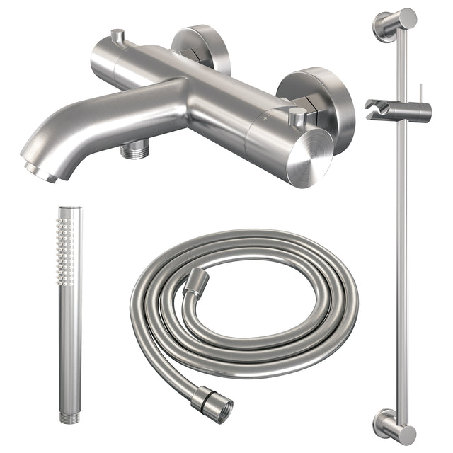 BRAUER Brushed Edition opbouw baddouche thermostaatkraan SET 01 met glijstang en staaf handdouche en doucheslang RVS geborsteld PVD