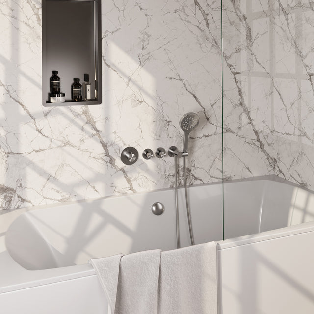 BRAUER Brushed Edition thermostatische inbouw badkraan SET 02 met badvulcombinatie en 3-standen handdouche en doucheslang en wandaansluitbocht RVS geborsteld PVD