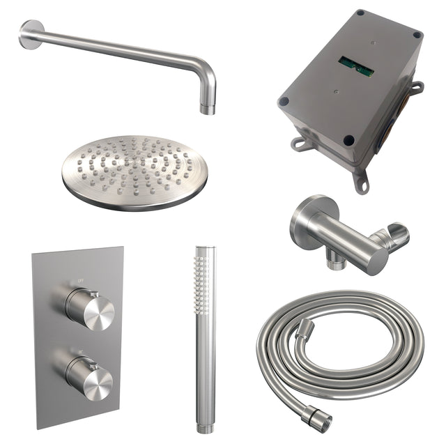 BRAUER Brushed Edition thermostatische inbouw regendouche 3-weg omstelling SET 27 met 20 cm douchekop en gebogen muurarm en staaf handdouche en doucheslang en wandaansluitbocht RVS geborsteld PVD