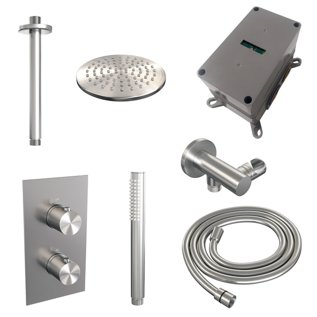 BRAUER Brushed Edition thermostatische inbouw regendouche 3-weg omstelling SET 29 met 20 cm douchekop en plafondarm en staaf handdouche en doucheslang en wandaansluitbocht RVS geborsteld PVD