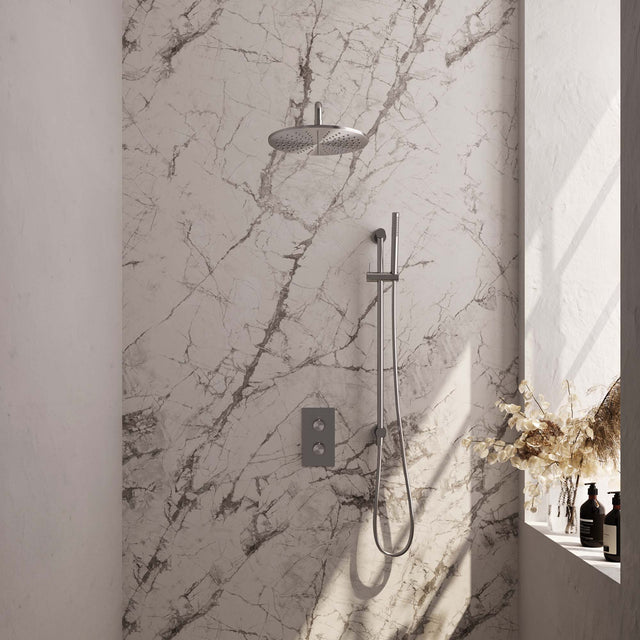 BRAUER Brushed Edition thermostatische inbouw regendouche 3-weg omstelling SET 40 met 30 cm douchekop en gebogen muurarm en staaf handdouche en doucheslang en geïntegreerde glijstang RVS geborsteld PVD
