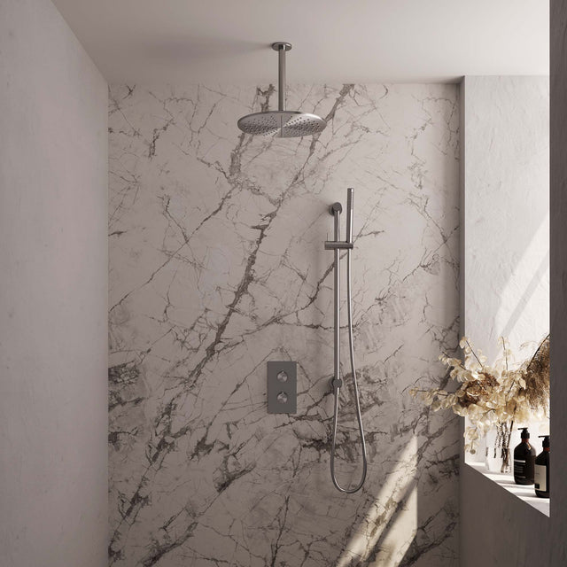 BRAUER Brushed Edition thermostatische inbouw regendouche 3-weg omstelling SET 42 met 30 cm douchekop en plafondarm en staaf handdouche en doucheslang en geïntegreerde glijstang RVS geborsteld PVD
