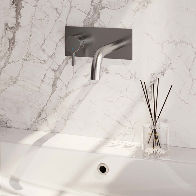 BRAUER Brushed Edition inbouw wastafelmengkraan met gebogen uitloop en afdekplaat model E2 RVS geborsteld PVD