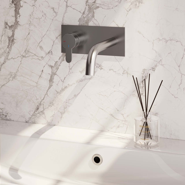 BRAUER Brushed Edition inbouw wastafelmengkraan met gebogen uitloop en afdekplaat model D2 RVS geborsteld PVD
