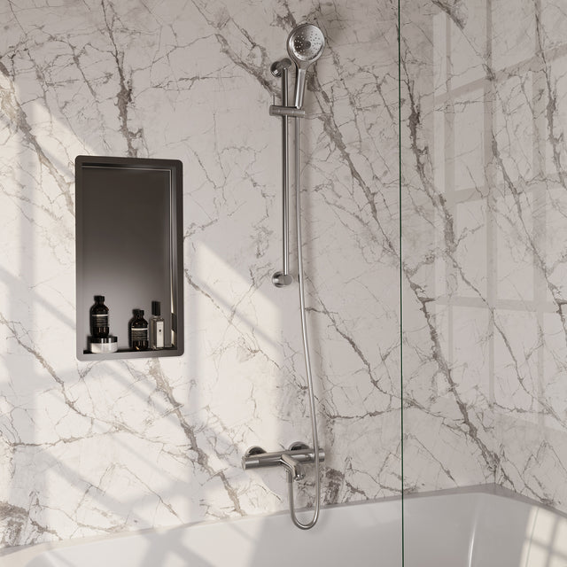 BRAUER Brushed Carving opbouw baddouche thermostaatkraan SET 02 met glijstang en 3-standen handdouche en doucheslang RVS geborsteld PVD