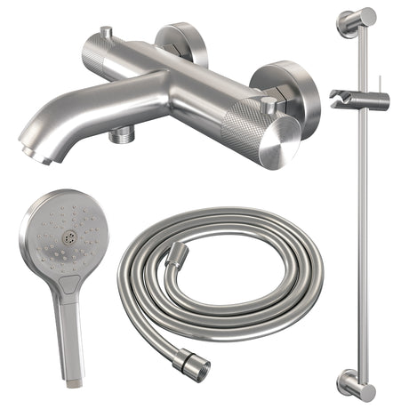 BRAUER Brushed Carving opbouw baddouche thermostaatkraan SET 02 met glijstang en 3-standen handdouche en doucheslang RVS geborsteld PVD