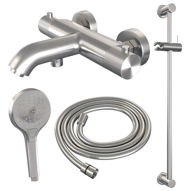 BRAUER Brushed Carving opbouw baddouche thermostaatkraan SET 02 met glijstang en 3-standen handdouche en doucheslang RVS geborsteld PVD