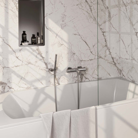 BRAUER Brushed Carving opbouw baddouche thermostaatkraan SET 03 met wandhouder en staaf handdouche en doucheslang RVS geborsteld PVD