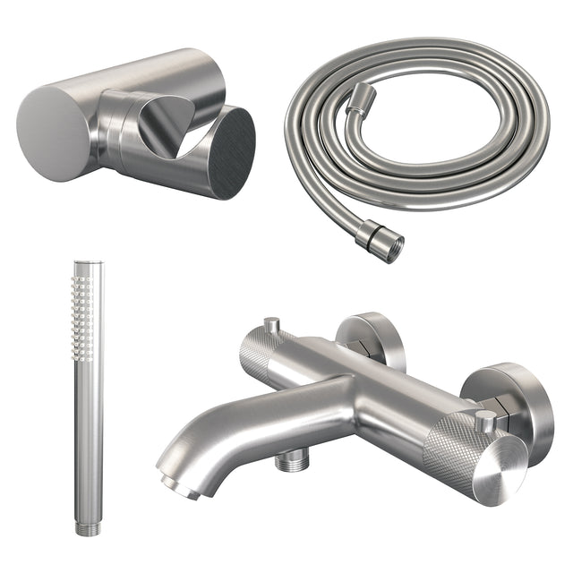 BRAUER Brushed Carving opbouw baddouche thermostaatkraan SET 03 met wandhouder en staaf handdouche en doucheslang RVS geborsteld PVD