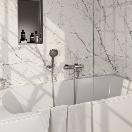 BRAUER Brushed Carving opbouw baddouche thermostaatkraan SET 04 met wandhouder en 3-standen handdouche en doucheslang RVS geborsteld PVD