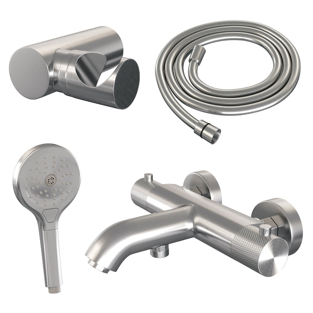 BRAUER Brushed Carving opbouw baddouche thermostaatkraan SET 04 met wandhouder en 3-standen handdouche en doucheslang RVS geborsteld PVD
