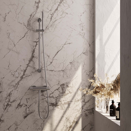 BRAUER Brushed Carving opbouw douche thermostaatkraan SET 01 met glijstang en staaf handdouche en doucheslang RVS geborsteld PVD