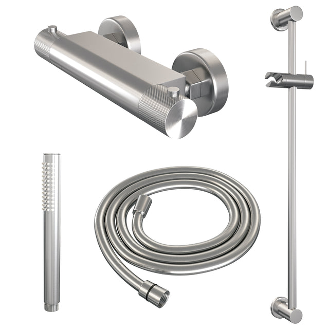 BRAUER Brushed Carving opbouw douche thermostaatkraan SET 01 met glijstang en staaf handdouche en doucheslang RVS geborsteld PVD