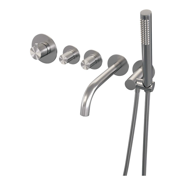 BRAUER Brushed Carving thermostatische inbouw badkraan SET 01 met uitloop en staaf handdouche en doucheslang en wandaansluitbocht RVS geborsteld PVD