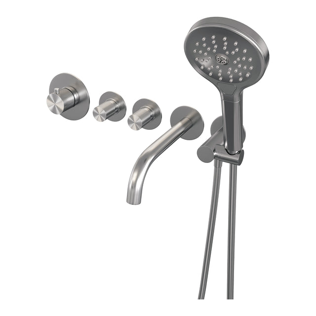BRAUER Brushed Carving thermostatische inbouw badkraan SET 02 met uitloop en 3-standen handdouche en doucheslang en wandaansluitbocht RVS geborsteld PVD