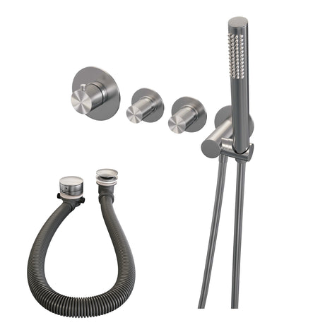 BRAUER Brushed Carving thermostatische inbouw badkraan SET 01 met badvulcombinatie en staaf handdouche en doucheslang en wandaansluitbocht RVS geborsteld PVD