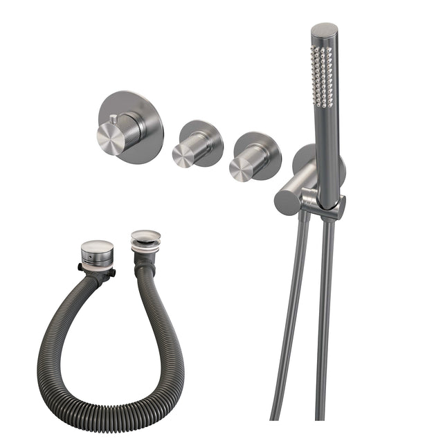 BRAUER Brushed Carving thermostatische inbouw badkraan SET 01 met badvulcombinatie en staaf handdouche en doucheslang en wandaansluitbocht RVS geborsteld PVD