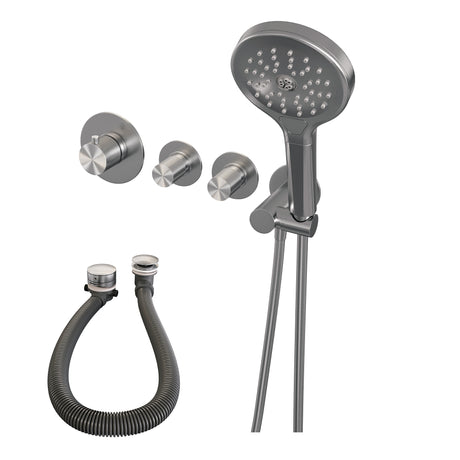 BRAUER Brushed Carving thermostatische inbouw badkraan SET 02 met badvulcombinatie en 3-standen handdouche en doucheslang en wandaansluitbocht RVS geborsteld PVD
