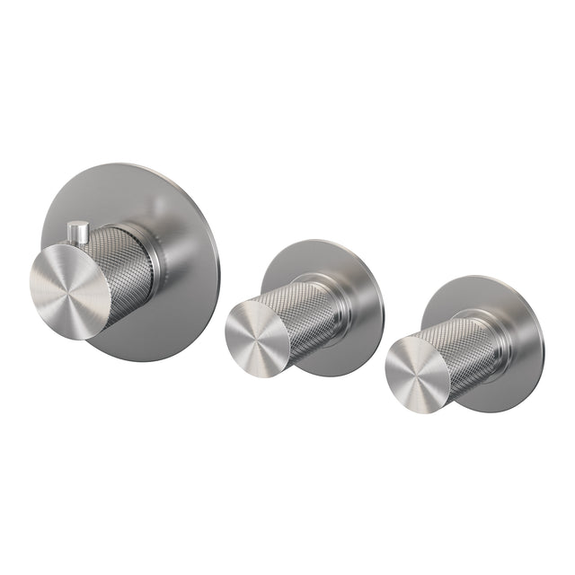 BRAUER Brushed Carving thermostatische inbouw badkraan SET 02 met badvulcombinatie en 3-standen handdouche en doucheslang en wandaansluitbocht RVS geborsteld PVD