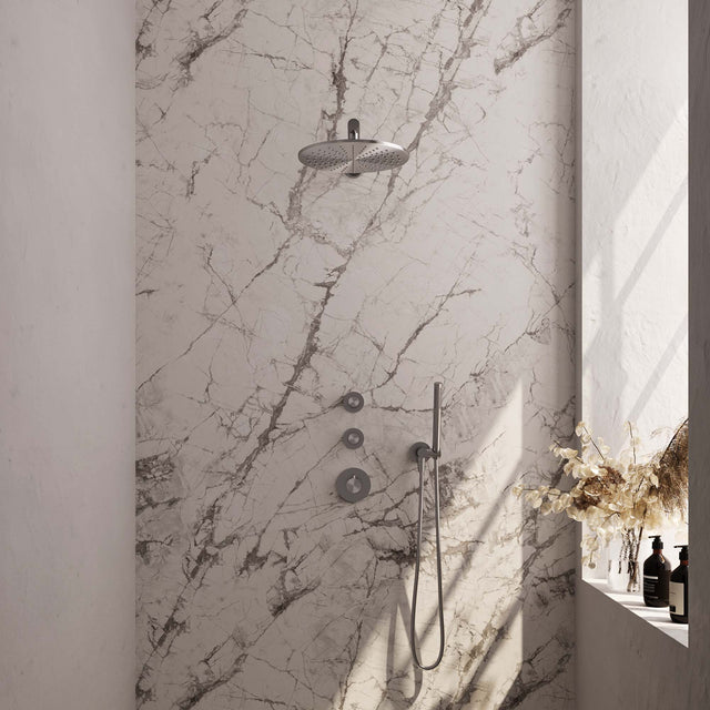 BRAUER Brushed Carving thermostatische inbouw regendouche SET 02 met 30 cm douchekop en rechte muurarm en staaf handdouche en doucheslang en wandaansluitbocht RVS geborsteld PVD