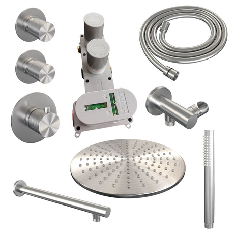 BRAUER Brushed Carving thermostatische inbouw regendouche SET 02 met 30 cm douchekop en rechte muurarm en staaf handdouche en doucheslang en wandaansluitbocht RVS geborsteld PVD