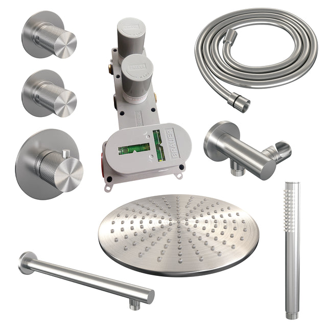 BRAUER Brushed Carving thermostatische inbouw regendouche SET 02 met 30 cm douchekop en rechte muurarm en staaf handdouche en doucheslang en wandaansluitbocht RVS geborsteld PVD