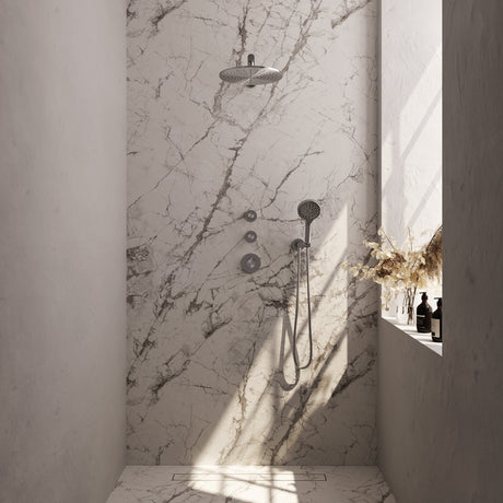 BRAUER Brushed Carving thermostatische inbouw regendouche SET 08 met 30 cm douchekop en rechte muurarm en 3-standen handdouche en doucheslang en wandaansluitbocht RVS geborsteld PVD