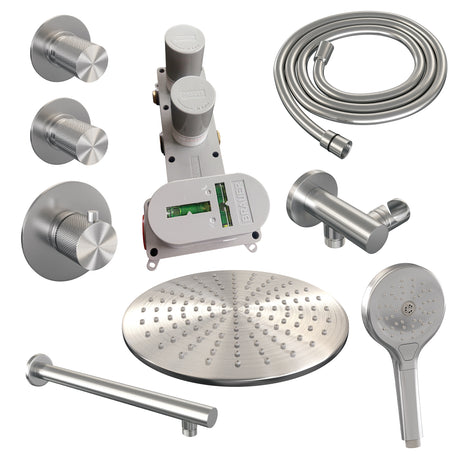 BRAUER Brushed Carving thermostatische inbouw regendouche SET 08 met 30 cm douchekop en rechte muurarm en 3-standen handdouche en doucheslang en wandaansluitbocht RVS geborsteld PVD