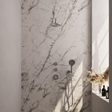 BRAUER Brushed Carving thermostatische inbouw regendouche SET 09 met 20 cm douchekop en gebogen muurarm en 3-standen handdouche en doucheslang en wandaansluitbocht RVS geborsteld PVD